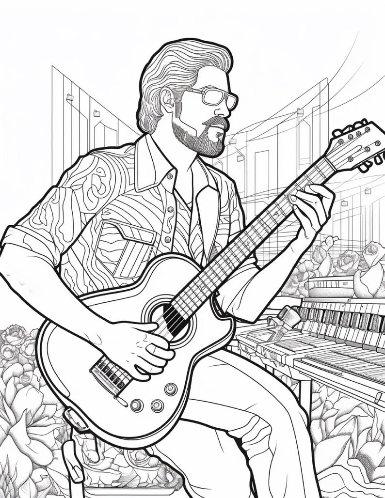 May include: A black and white line art illustration of a bearded person with glasses wearing a patterned button-down shirt, playing an acoustic guitar. The scene includes a keyboard instrument and floral elements in the background.