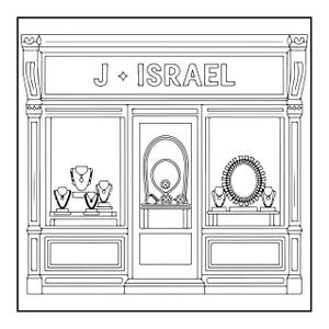 Op de afbeelding: Een zwart-witte lijntekening van een winkelpui met de tekst J ISRAEL boven de ramen. De etalages tonen diverse sieraden op standaards, waaronder kettingen en een grote ronde spiegel, alles weergegeven in een strakke omlijningsstijl.