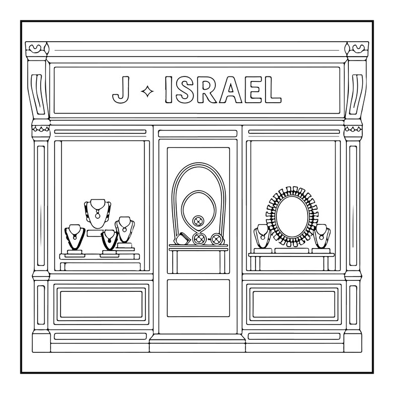 Op de afbeelding: Een zwart-witte lijntekening van een winkelpui met de tekst J ISRAEL boven de ramen. De etalages tonen diverse sieraden op standaards, waaronder kettingen en een grote ronde spiegel, alles weergegeven in een strakke omlijningsstijl.