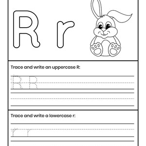 Pu&ograve; includere: Una scheda didattica in bianco e nero con la lettera Rr in maiuscolo e minuscolo, un'illustrazione di un coniglio e il testo Color the letter Rr and a Rabbit, Trace and write an uppercase R, e Trace and write a lowercase r.
