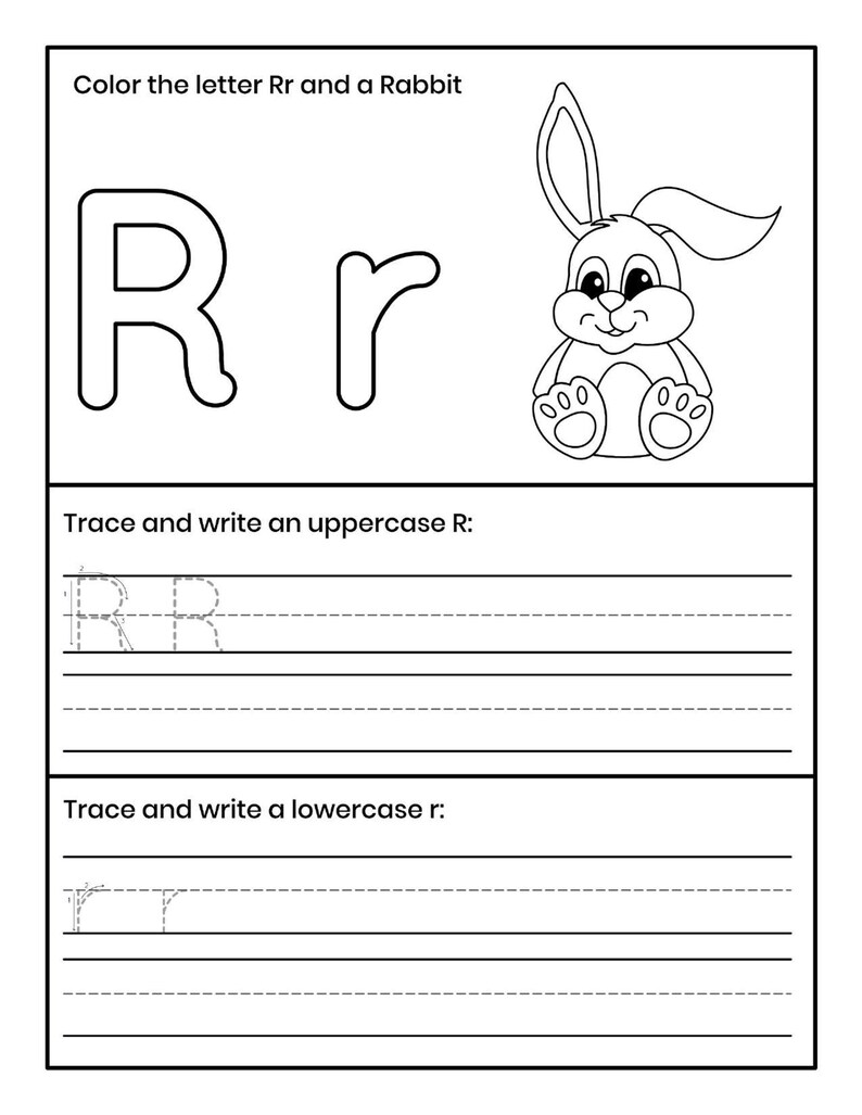 Pu&ograve; includere: Una scheda didattica in bianco e nero con la lettera Rr in maiuscolo e minuscolo, un'illustrazione di un coniglio e il testo Color the letter Rr and a Rabbit, Trace and write an uppercase R, e Trace and write a lowercase r.