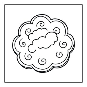 Pu&ograve; includere: Un'illustrazione a linee bianche e nere di una forma circolare con bordi smerlati. L'interno presenta una forma centrale simile a una nuvola circondata da diversi piccoli motivi a spirale distribuiti su tutta la superficie circolare.