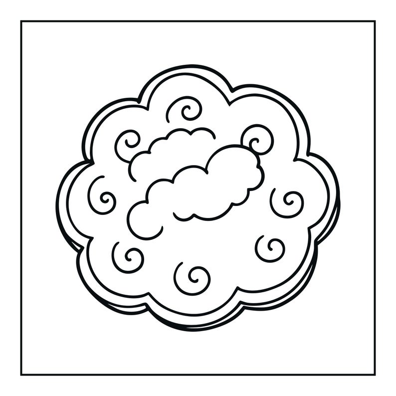 Pu&ograve; includere: Un'illustrazione a linee bianche e nere di una forma circolare con bordi smerlati. L'interno presenta una forma centrale simile a una nuvola circondata da diversi piccoli motivi a spirale distribuiti su tutta la superficie circolare.