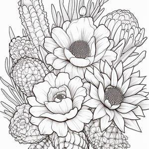 Pode incluir: Uma ilustra&ccedil;&atilde;o de arte linear em preto e branco de um arranjo bot&acirc;nico com v&aacute;rias flores do deserto, suculentas e cactos texturizados. A composi&ccedil;&atilde;o inclui grandes flores de p&eacute;talas abertas, almofadas de cacto arredondadas e formas vegetais.