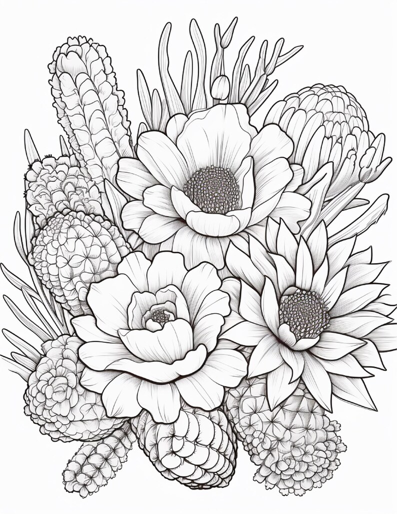 Pode incluir: Uma ilustra&ccedil;&atilde;o de arte linear em preto e branco de um arranjo bot&acirc;nico com v&aacute;rias flores do deserto, suculentas e cactos texturizados. A composi&ccedil;&atilde;o inclui grandes flores de p&eacute;talas abertas, almofadas de cacto arredondadas e formas vegetais.