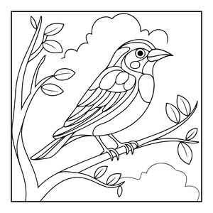 May include: A black and white line art illustration of a bird perched on a tree branch with leaves. The bird is depicted in profile facing right, with stylized wing feathers and a rounded eye. The background features simple cloud outlines.