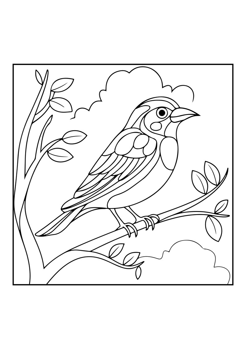 May include: A black and white line art illustration of a bird perched on a tree branch with leaves. The bird is depicted in profile facing right, with stylized wing feathers and a rounded eye. The background features simple cloud outlines.