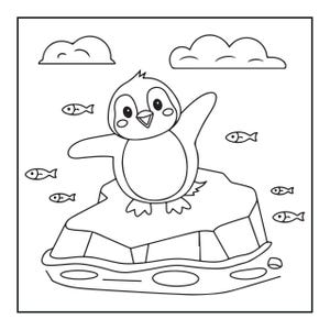 以下が含まれることがあります： 氷山の上に立つ漫画のペンギンを描いた白黒の塗り絵ページ。ペンギンはひれを広げており、周囲には5匹の小さな魚が泳いでいます。空には2つの雲が描かれています。
