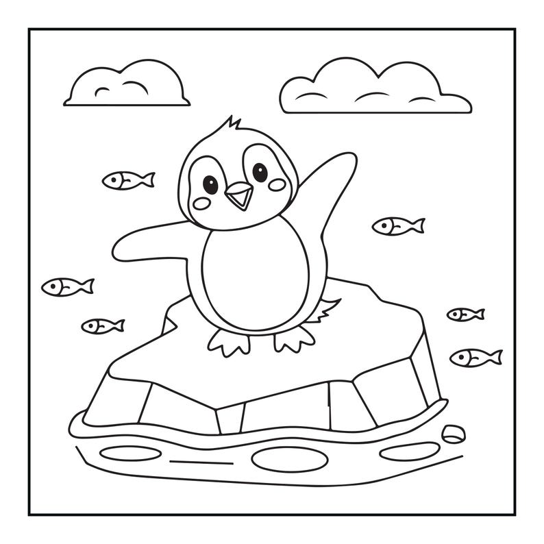 以下が含まれることがあります： 氷山の上に立つ漫画のペンギンを描いた白黒の塗り絵ページ。ペンギンはひれを広げており、周囲には5匹の小さな魚が泳いでいます。空には2つの雲が描かれています。