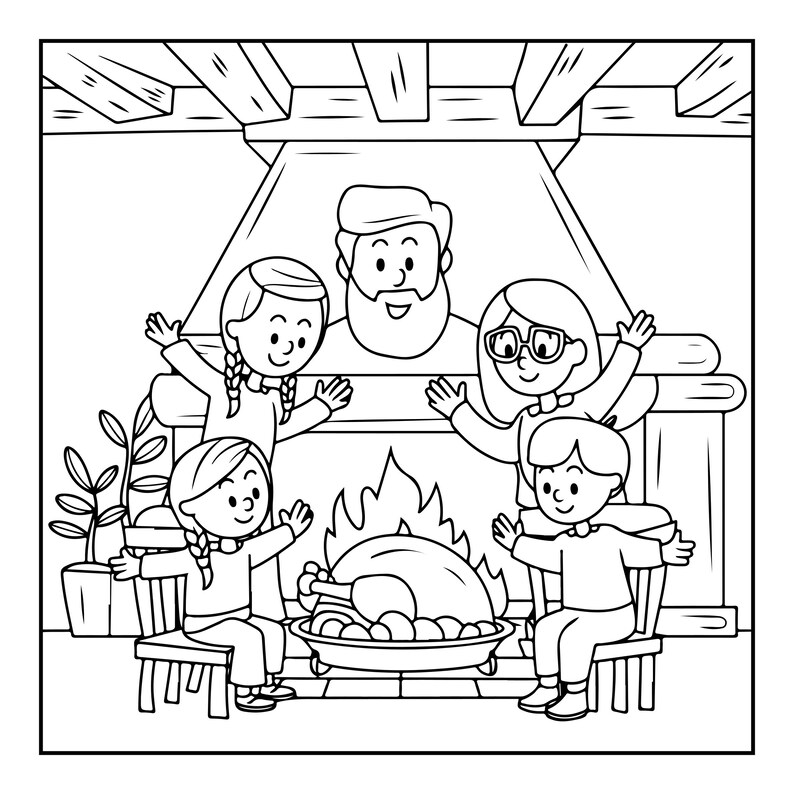 Op de afbeelding: Een zwart-wit lijntekening van een gezin van vier personen verzameld rond een open haard. Een grote gebraden kalkoen staat in een pan voor het vuur. De gezinsleden zitten op stoelen met hun handen omhoog gericht naar de warmte.