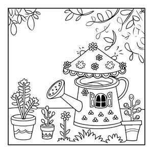 A black and white coloring page of a watering can shaped like a house, next to potted plants and flowers.