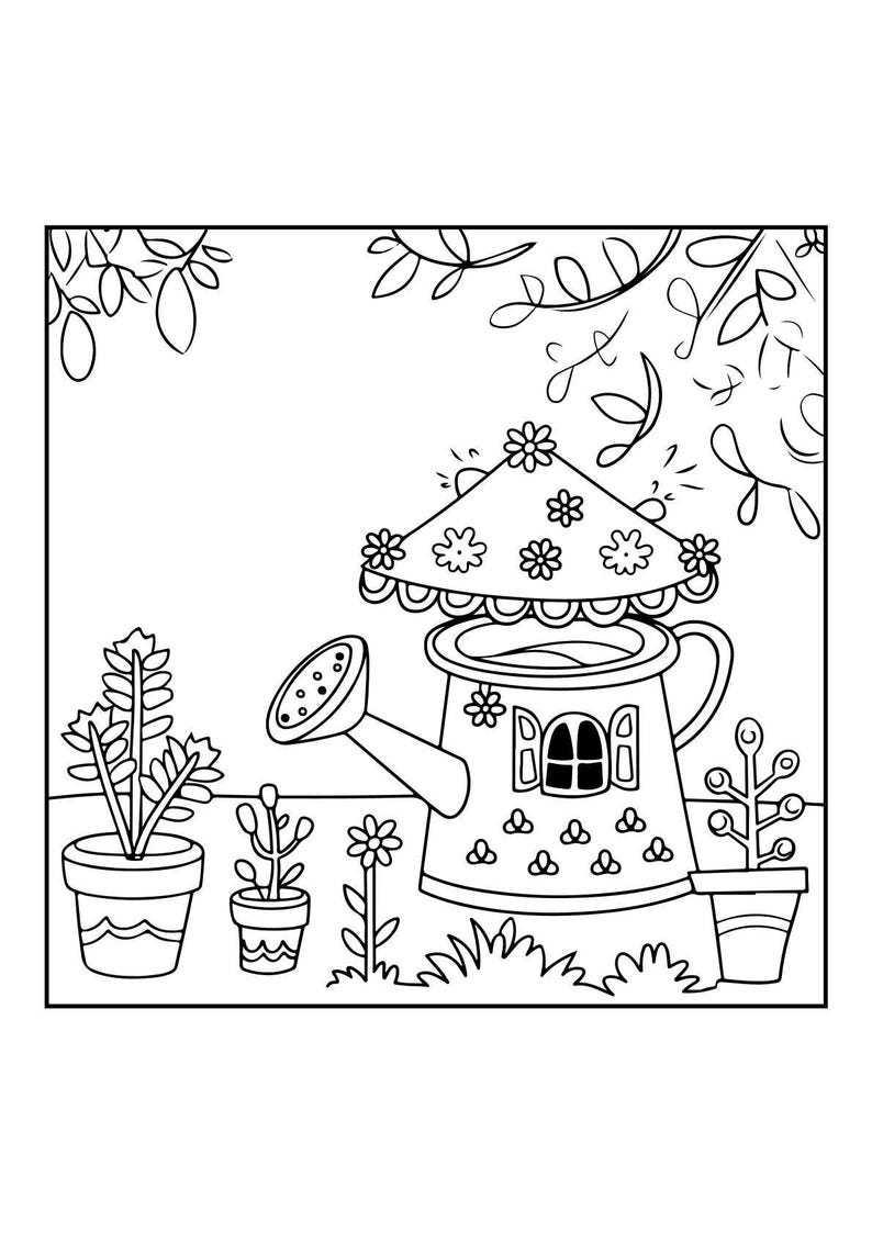 A black and white coloring page of a watering can shaped like a house, next to potted plants and flowers.
