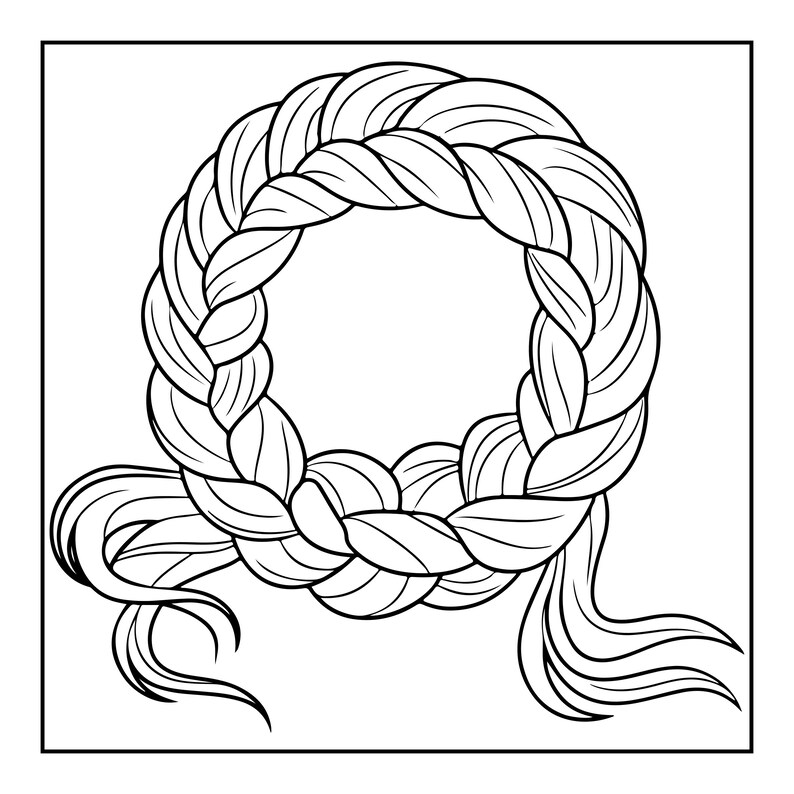 May include: A black and white line art illustration of a circular braided hair wreath. The design features a thick, continuous braid formed into a ring shape, with loose, flowing strands of hair extending from the bottom left and right sides.
