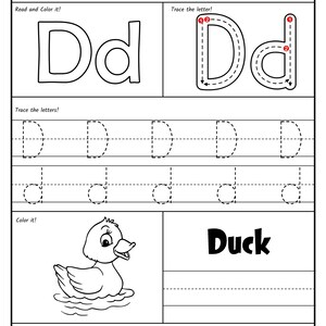 A printable worksheet page for the letter D with stroke arrows, dashed practice rows, an illustration of a duck on water, and letter-identification circles.