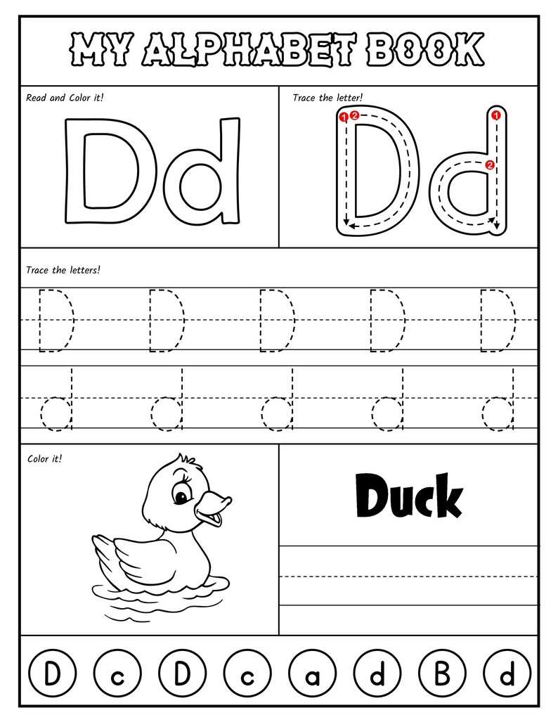 A printable worksheet page for the letter D with stroke arrows, dashed practice rows, an illustration of a duck on water, and letter-identification circles.