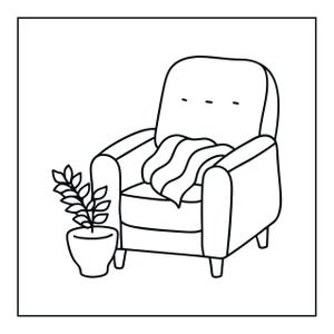 May include: A black and white line drawing of an armchair with a draped blanket on the seat and a potted plant with leafy stems positioned to the left. The chair features a high backrest with three horizontal marks and four short legs.