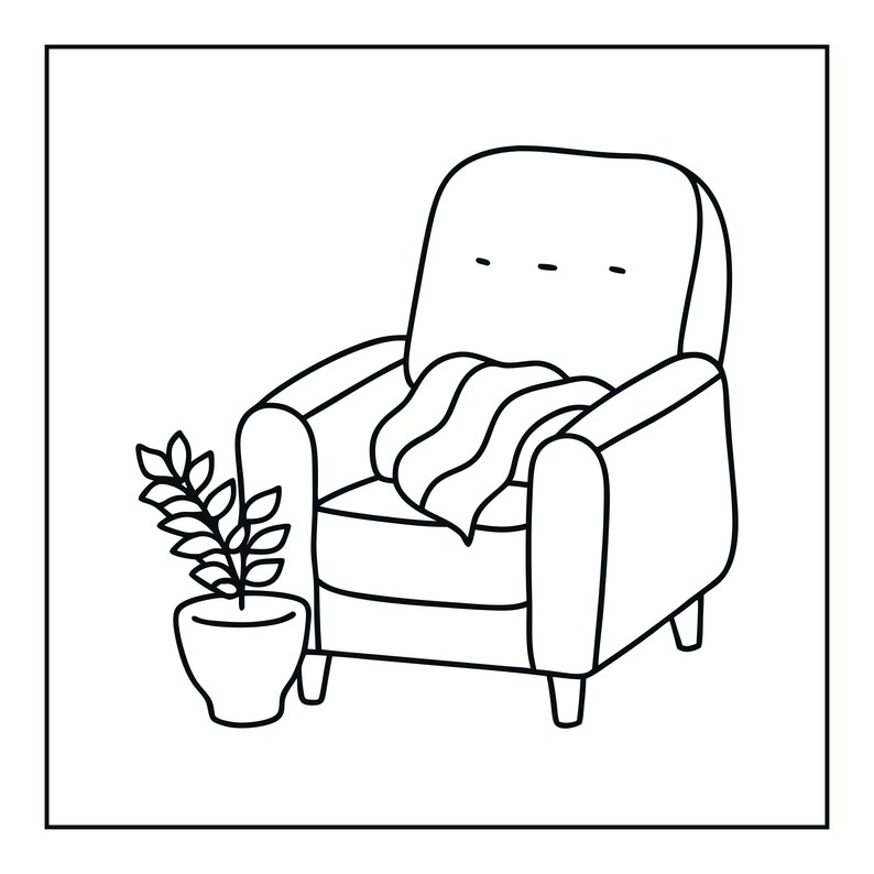 May include: A black and white line drawing of an armchair with a draped blanket on the seat and a potted plant with leafy stems positioned to the left. The chair features a high backrest with three horizontal marks and four short legs.