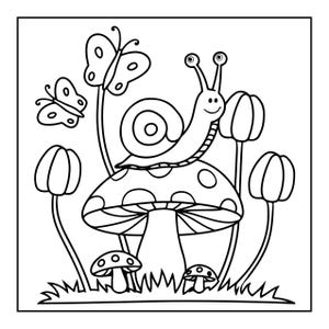 A black and white coloring page showing a snail with antennae on a spotted mushroom, surrounded by two butterflies and four tulip-like flowers.