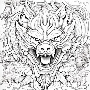 Puede incluir: Una ilustraci&oacute;n de arte lineal en blanco y negro que presenta una cabeza de drag&oacute;n central con la boca abierta y dientes afilados, rodeada de nubes estilizadas y figuras de criaturas m&iacute;ticas m&aacute;s peque&ntilde;as, con trazos de tinta.