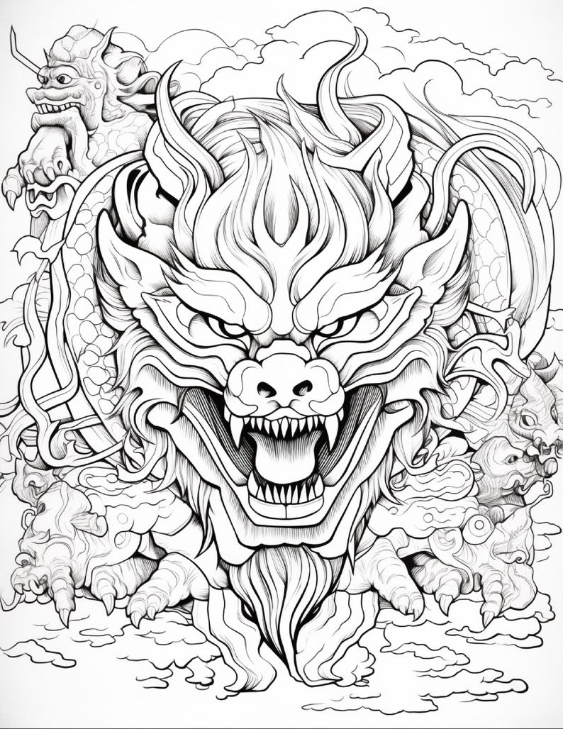 Puede incluir: Una ilustraci&oacute;n de arte lineal en blanco y negro que presenta una cabeza de drag&oacute;n central con la boca abierta y dientes afilados, rodeada de nubes estilizadas y figuras de criaturas m&iacute;ticas m&aacute;s peque&ntilde;as, con trazos de tinta.