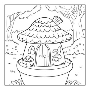 Peut inclure: Une page de coloriage en noir et blanc repr&eacute;sentant une petite maison en forme de champignon avec une chemin&eacute;e, une porte arrondie et une fen&ecirc;tre. Une petite f&eacute;e est assise pr&egrave;s de la porte et un minuscule champignon pousse &agrave; c&ocirc;t&eacute;, le tout dans un grand pot.