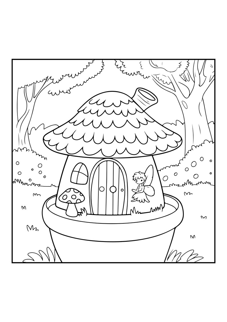 Peut inclure: Une page de coloriage en noir et blanc repr&eacute;sentant une petite maison en forme de champignon avec une chemin&eacute;e, une porte arrondie et une fen&ecirc;tre. Une petite f&eacute;e est assise pr&egrave;s de la porte et un minuscule champignon pousse &agrave; c&ocirc;t&eacute;, le tout dans un grand pot.