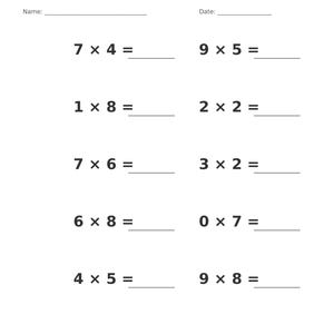 May include: A white educational worksheet titled Multiplication &bull; Single Digit with a grey header. It features ten maths problems arranged in two columns, each with a blank line for the answer. The bottom text reads Multiplication &bull; Single Digit Practice and Page 11 of 100.
