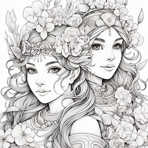 May include: A black and white line art illustration featuring two individuals with long wavy hair adorned with intricate floral crowns and headpieces. Both figures are surrounded by dense clusters of various flowers and leaves.