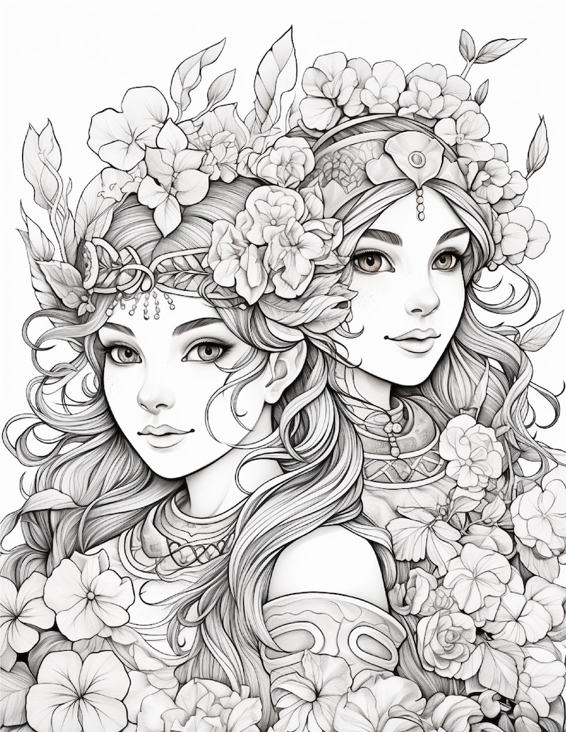 May include: A black and white line art illustration featuring two individuals with long wavy hair adorned with intricate floral crowns and headpieces. Both figures are surrounded by dense clusters of various flowers and leaves.