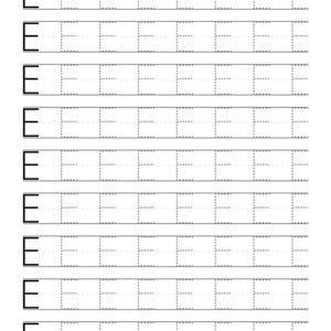 May include: A white educational worksheet featuring nine horizontal rows. Each row begins with a solid black uppercase letter E, followed by seven dashed-line versions of the letter E designed for tracing practice on a plain white background.