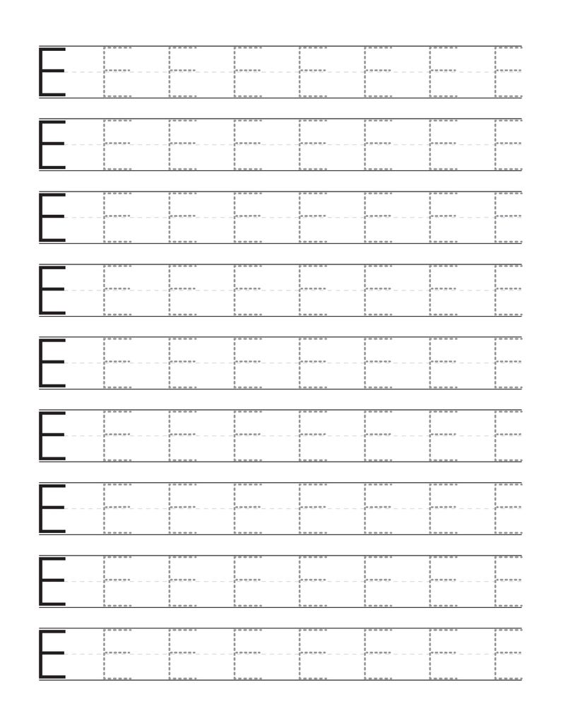 May include: A white educational worksheet featuring nine horizontal rows. Each row begins with a solid black uppercase letter E, followed by seven dashed-line versions of the letter E designed for tracing practice on a plain white background.