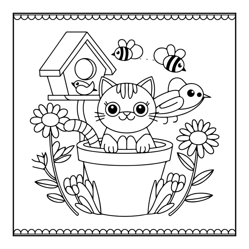 A black and white coloring page showing a cat sitting in a flower pot, with a birdhouse, two bees, a bird, and flowers in the background.