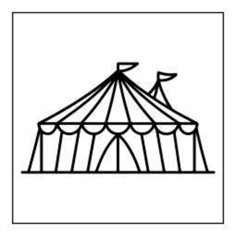 A line art drawing of a large circus tent with flags on top, set against a square background.