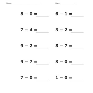 May include: A white educational worksheet titled Subtraction &bull; Single Digit with a gray header. It features ten single-digit subtraction problems arranged in two columns, with blank lines for Name and Date at the top and Page 16 of 100 at the bottom.