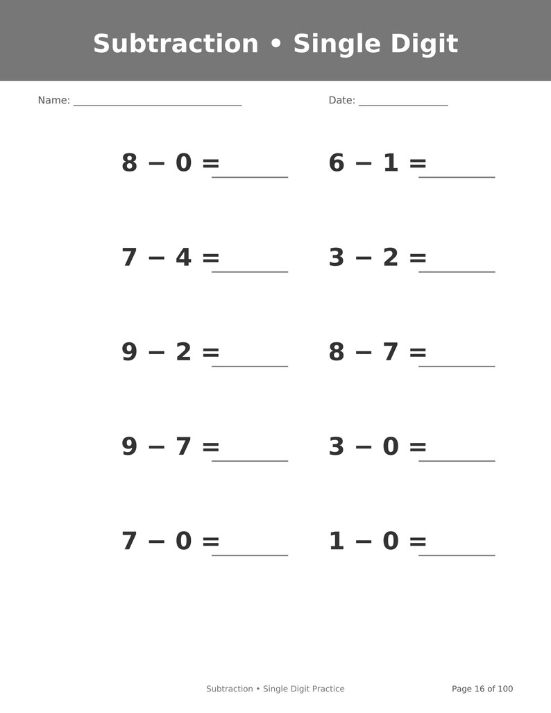 May include: A white educational worksheet titled Subtraction &bull; Single Digit with a gray header. It features ten single-digit subtraction problems arranged in two columns, with blank lines for Name and Date at the top and Page 16 of 100 at the bottom.