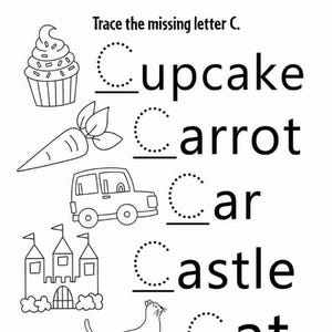 Op de afbeelding: Een zwart-wit educatief werkblad met de titel Trace the missing letter C. Het bevat lijntekeningen van een cupcake, wortel, auto, kasteel en kat, elk gekoppeld aan het bijbehorende woord waarbij de beginletter C ontbreekt om te overtrekken.