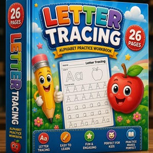 May include: A blue alphabet practice workbook titled Letter Tracing with 26 pages. The cover features a cartoon pencil, a smiling red apple, and a sample tracing page showing the letter Aa. Includes icons for letter tracing, easy to learn, fun and engaging, perfect for kids, and practice makes perfect.