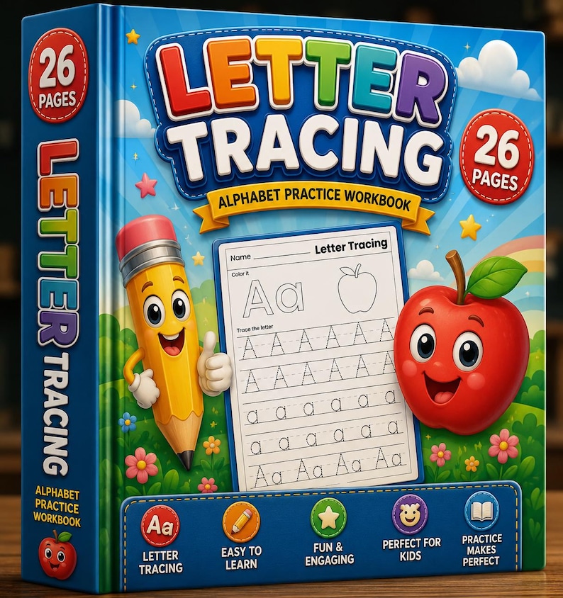 May include: A blue alphabet practice workbook titled Letter Tracing with 26 pages. The cover features a cartoon pencil, a smiling red apple, and a sample tracing page showing the letter Aa. Includes icons for letter tracing, easy to learn, fun and engaging, perfect for kids, and practice makes perfect.
