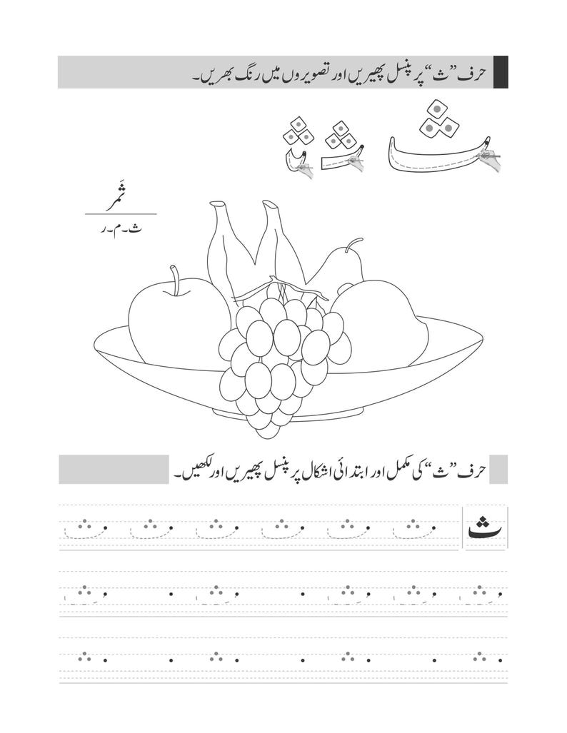 An Urdu tracing page for the letter theh featuring a bowl of assorted fruits and dotted practice lines.