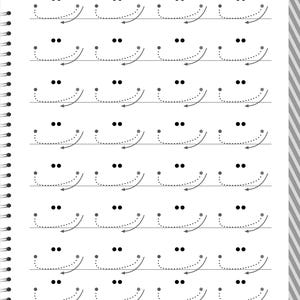 Peut inclure: Une page de feuille d'exercice blanche pr&eacute;sentant sept rang&eacute;es de caract&egrave;res arabes en pointill&eacute;s noirs r&eacute;p&eacute;t&eacute;s. Chaque caract&egrave;re comprend deux points au-dessus d'une ligne courbe avec une fl&egrave;che directionnelle indiquant le trac&eacute;.