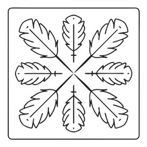 May include: A square stencil featuring a symmetrical pattern of eight black line-art feathers arranged in a radial design. The feathers are oriented towards the centre, creating a balanced, repeating motif within a thin black square border.