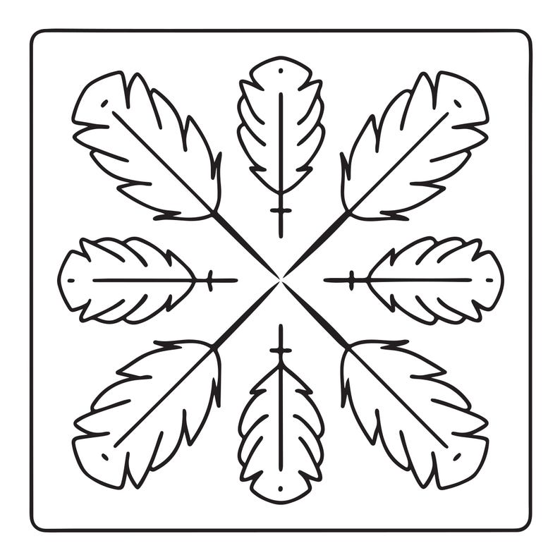 May include: A square stencil featuring a symmetrical pattern of eight black line-art feathers arranged in a radial design. The feathers are oriented towards the centre, creating a balanced, repeating motif within a thin black square border.
