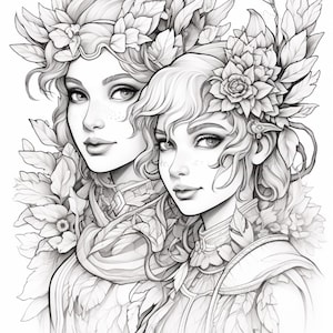 May include: A black and white line art illustration featuring two individuals with detailed facial features, freckles, and wavy hair adorned with elaborate floral and leaf crowns. Both figures wear layered, textured garments with botanical motifs.