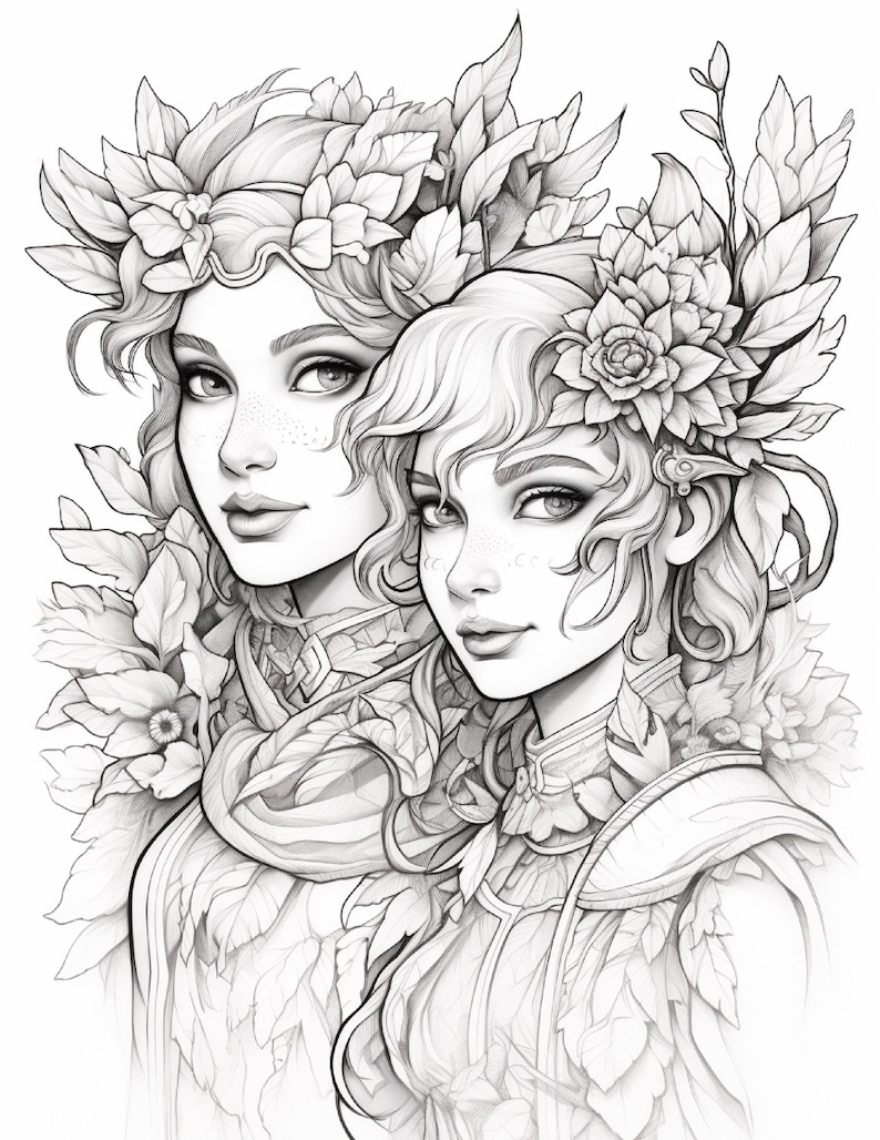 May include: A black and white line art illustration featuring two individuals with detailed facial features, freckles, and wavy hair adorned with elaborate floral and leaf crowns. Both figures wear layered, textured garments with botanical motifs.