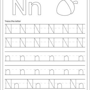 May include: A black and white educational worksheet titled Letter Tracing featuring the letter Nn in uppercase and lowercase. The page includes a line for a name, a coloring section with an acorn illustration, and rows of dotted lines for tracing.