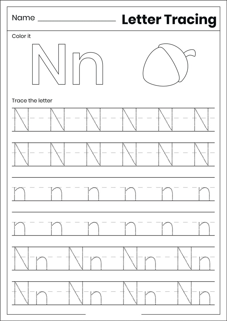 May include: A black and white educational worksheet titled Letter Tracing featuring the letter Nn in uppercase and lowercase. The page includes a line for a name, a coloring section with an acorn illustration, and rows of dotted lines for tracing.