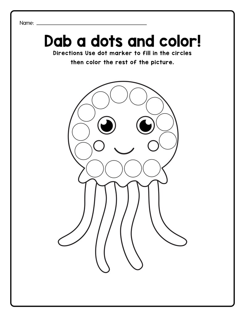 Peut inclure: Une feuille d'activit&eacute; imprimable en noir et blanc repr&eacute;sentant le contour d'une m&eacute;duse avec des espaces circulaires pour des marqueurs &agrave; points. Le texte indique : Name: Dab a dots and color! Directions Use dot marker to fill in the circles then color the rest of the picture.
