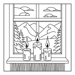 Puede incluir: Una ilustraci&oacute;n de arte lineal en blanco y negro de tres velas encendidas en el alf&eacute;izar de una ventana. La vista de la ventana muestra un paisaje con monta&ntilde;as, &aacute;rboles de hoja perenne y nubes en el cielo. Las velas tienen llamas visibles.
