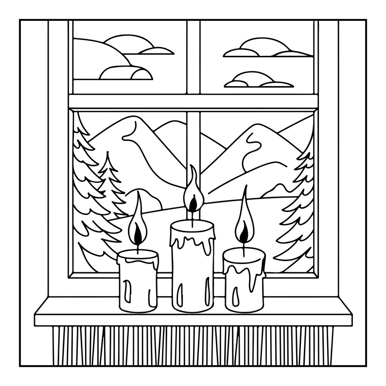 Puede incluir: Una ilustraci&oacute;n de arte lineal en blanco y negro de tres velas encendidas en el alf&eacute;izar de una ventana. La vista de la ventana muestra un paisaje con monta&ntilde;as, &aacute;rboles de hoja perenne y nubes en el cielo. Las velas tienen llamas visibles.