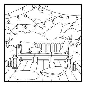 May include: A black and white line art illustration of an outdoor patio scene featuring a wooden bench with cushions, two floor lanterns on each side, and a string of hanging globe lights above. The background shows trees and rolling hills.
